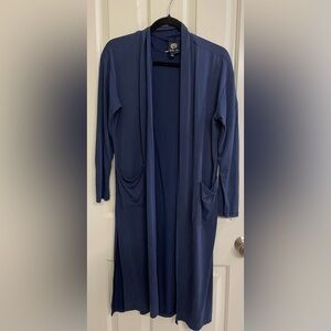 Knit Navy Collarless Open Front Sweater with pockets